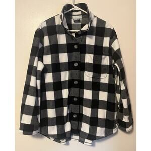 Eddie Bauer Women’s Microfleece Button-Up Plaid Shirt Shacket Large Black White